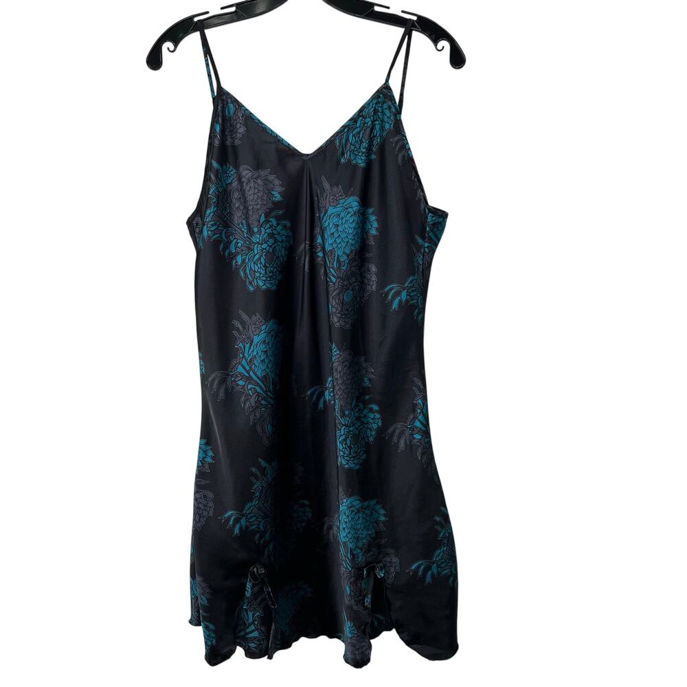 Happie Satin Slip Dress Black Teal XXL Floral Bows Slits Mini Fairy Y2K 90s